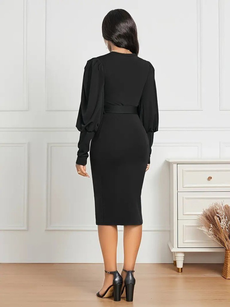 Kadın Uzun Kollu Bisiklet Yaka Beli Kuşaklı Ithal Krep Midi Elbise - Görsel 3