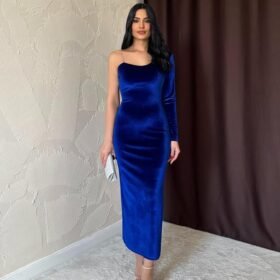 Saks Tek Omuzlu Taş Askılı Elbise