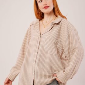 Çizgi Detaylı Cepli Camel Gömlek