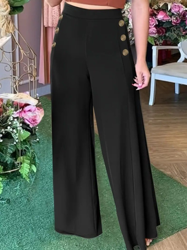Kadın Yüksek Bel Yan Düğme Detaylı Geniş Paçalı Ithal Krep Pantolon - Görsel 3