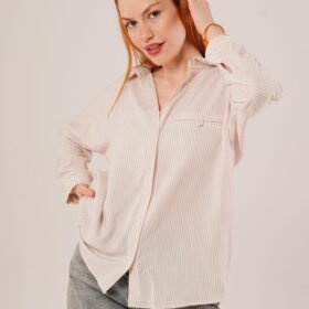 Cep Detay Çizgili Oversize Krem Gömlek