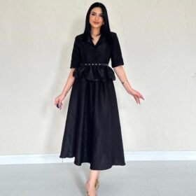 Siyah İnce Kemerli Fırfırlı Ceket Ve Büzgülü Etek Takım