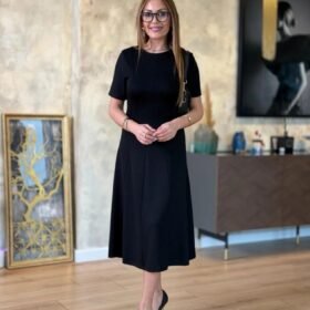 Kadın Kısa Kollu Bisiklet Yaka Midi Viskon Iki Iplik Elbise