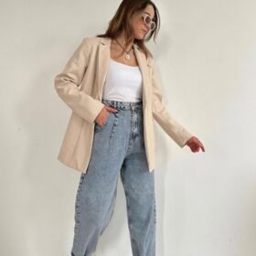 Bej Düğmeli Deri Ceket