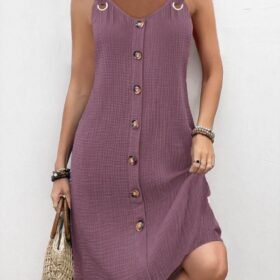 Kadın Askılı V Yakalı önden Düğmeli Narin Elbise