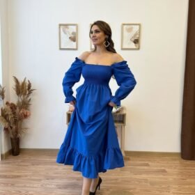 Kadın Uzun Kollu Kare Yakalı Gipeli Uzun Trikoton Elbise