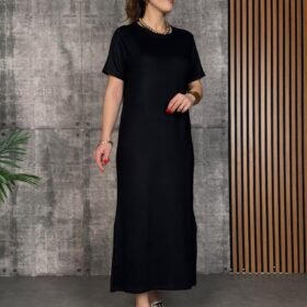 Kadın Kısa Kollu Bisiklet Yaka Yırtmaçlı Viskon Iki Iplik Elbise