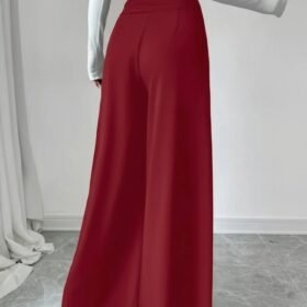 Kadın Yüksek Bel Düğmeli Geniş Paçalı Ithal Krep Pantolon