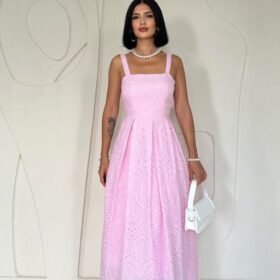 Pembe Askılı Aparatlı Brode Elbise