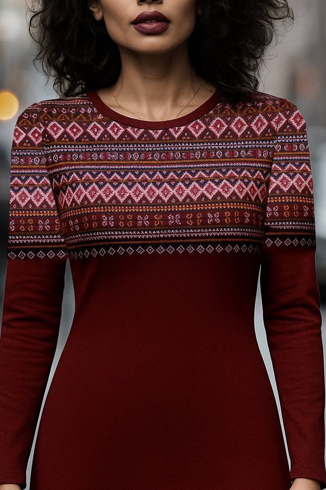 Kadın Uzun Kollu Bisiklet Yaka Etnik Desenli Kısa şardonlu Dalgıç Elbise - Görsel 2