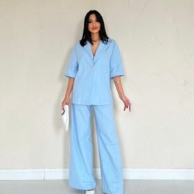 Mavi Önü Tek Düğmeli Ceket Pantolon Takım