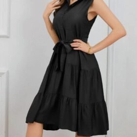 Kadın Kısa Kollu Gömlek Yaka Düğmeli Beli Kuşaklı Katlı Dokuma Midi Elbise