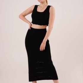 Örme Detaylı Etek Ve Bluz Siyah Takım