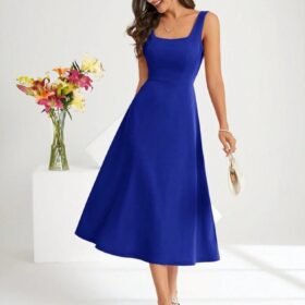 Kadın Askılı Kare Yakalı Midi Ithal Krep Elbise