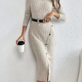 Kadın Uzun Kollu Balıkçı Yaka Yırtmaçlı Düğmeli şardonlu Kaşkorse Elbise(kemersiz)