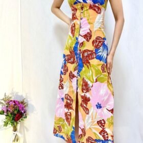 Mavi Sırt Dekolteli Keten Elbise