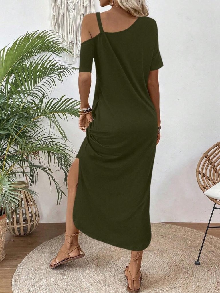 Kadın Tek Omuzdan Açık Toka Detaylı Yandan Yırtmaçlı Maksi Boy Viskon Elbise - Görsel 4