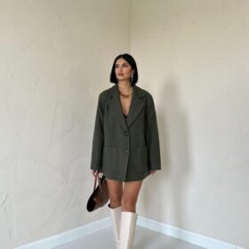 Haki Çizgili Oversize Ceket