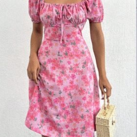 Kadın Kısa Kollu Mini çiçek Baskılı Bağcık Detay Süprem Midi Boy Elbise