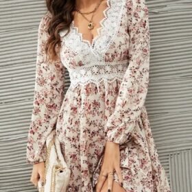 Kadın Uzun Kollu Dantel V Yakalı Mini Desenli Süprem Elbise