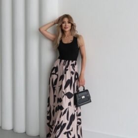 Kadın Askılı Yuvarlak Yaka üst Viskon Alt Desenli Uzun Süprem Elbise