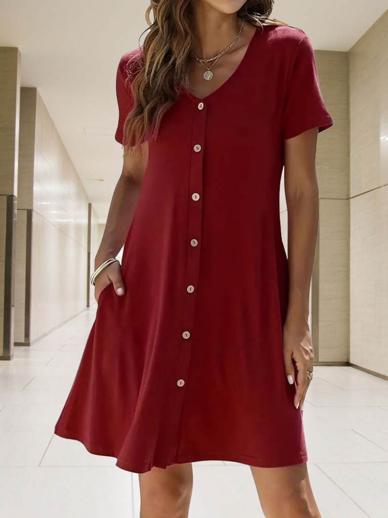 Kadın Kısa Kollu V Yaka önü Düğmeli Viskon Elbise - Görsel 3