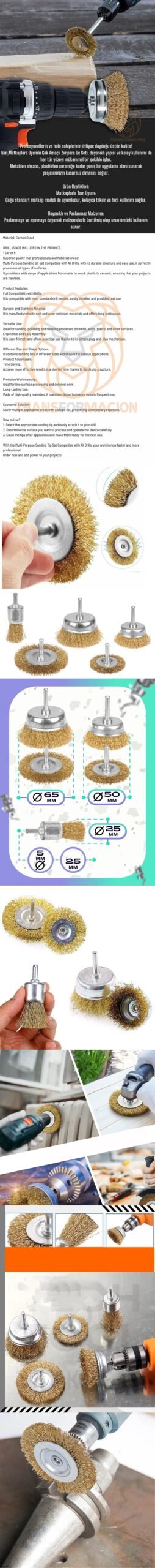 Turk Matkap Uyumlu Saçaklı Pimli Tel Fıça Fırça Seti 1/4 inç - Görsel 2
