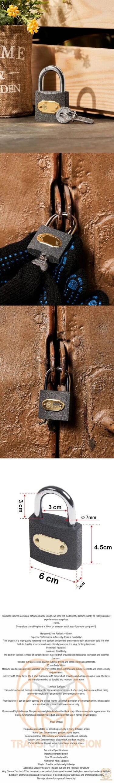 Turk Çelik Asma Kilit 60 MM 3 anahtarlı Sonax Design - Görsel 2