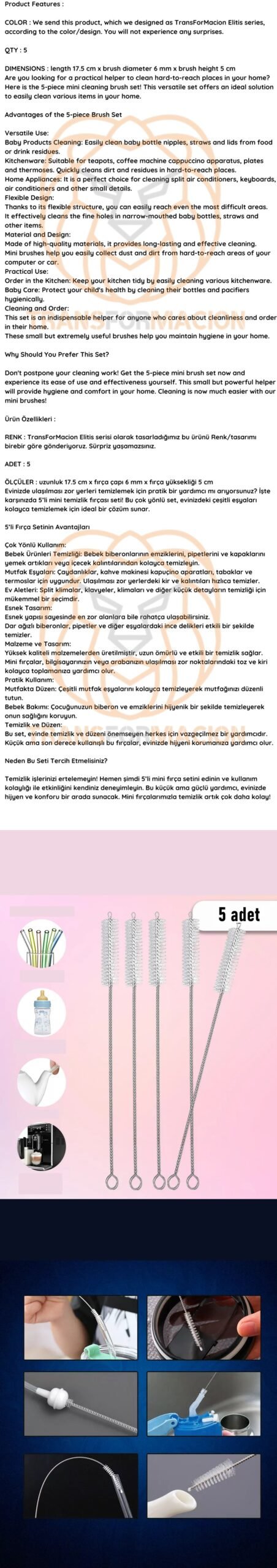 Turk Mikro Fırça Klima Biberon Pipet Fırçası 5 Adet - Görsel 2