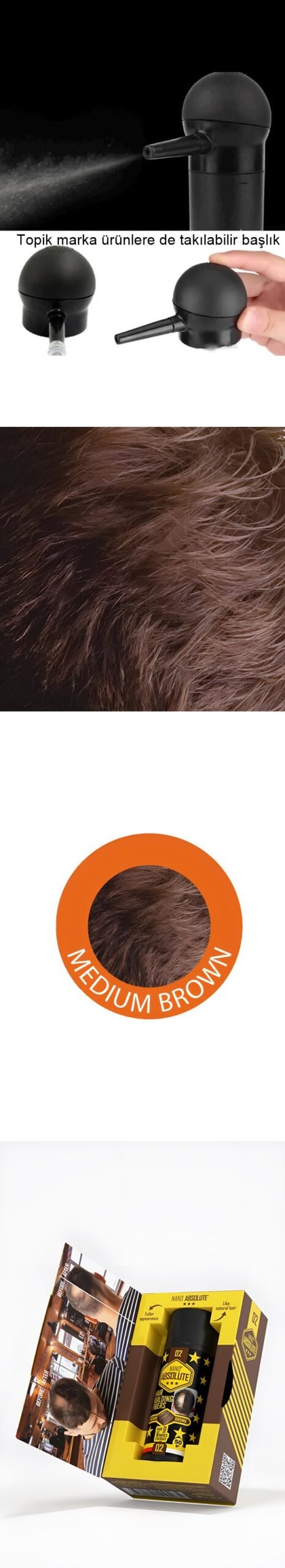 Turk Aplikatörlü Saç Dolgunlaştırıcı Fiber Topik Toz ORTA TON KAHVERENGİ - Görsel 2
