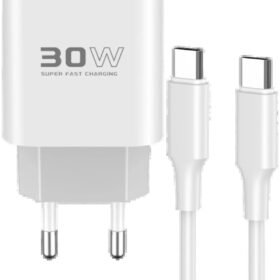 C87C 30W Type-C Çıkışlı Ekstra DL51 1M Type-C to Type-C Kablolu PD Şarj Cihazı - Beyaz-(5796)