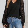 Kadın Uzun Kollu V Yakalı Dantelli Viskon Iki Iplik Bluz