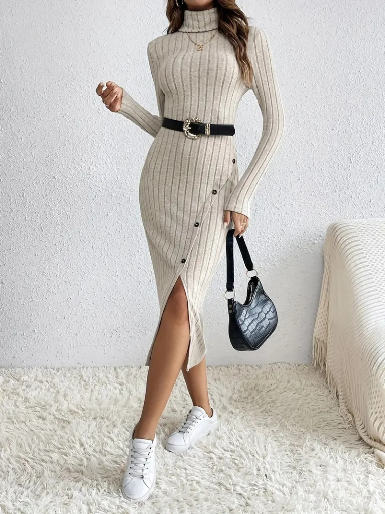 Kadın Uzun Kollu Balıkçı Yaka Yırtmaçlı Düğmeli şardonlu Kaşkorse Elbise(kemersiz) - Görsel 3