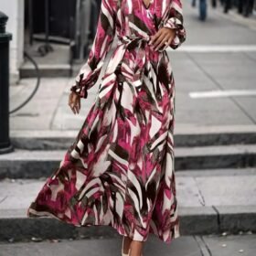 Kadın Uzun Kollu Kruvaze Yaka Belden Kuşaklı Desenli Süprem Elbise