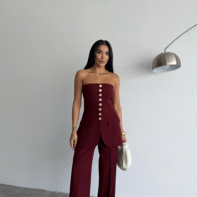 TASARIM GOLD DÜĞMELİ STRAPLEZYELEK - Bordo