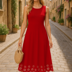 Kadın Kolsuz Etek Ucu Lazer Kesim çiçek Desenli Midi Boy Ithal Krep Elbise