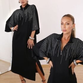 Kadın Hakim Yaka Fakir Kol Taş Detay Maxi Boy Salaş Elbise