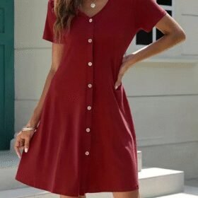 Kadın Kısa Kollu V Yaka önü Düğmeli Viskon Elbise