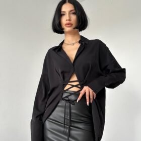 Siyah Jesica Parçalı Bağcıklı Gömlek