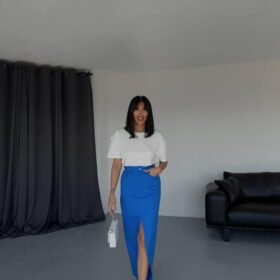 GABARDİN UZUN ÖNDEN YIRTMAÇLI ETEK - Saks