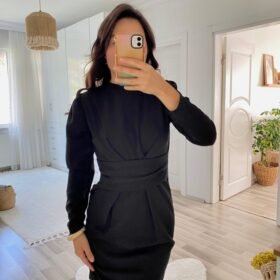 Kadın Uzun Kollu Bisiklet Yaka Bel Kemer Detay Ithal Krep Elbise