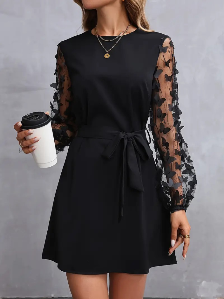 Kadın Uzun Kollu Bisiklet Yaka Kollar Tül Kelebek Detaylı Ithal Krep Elbise - Görsel 4