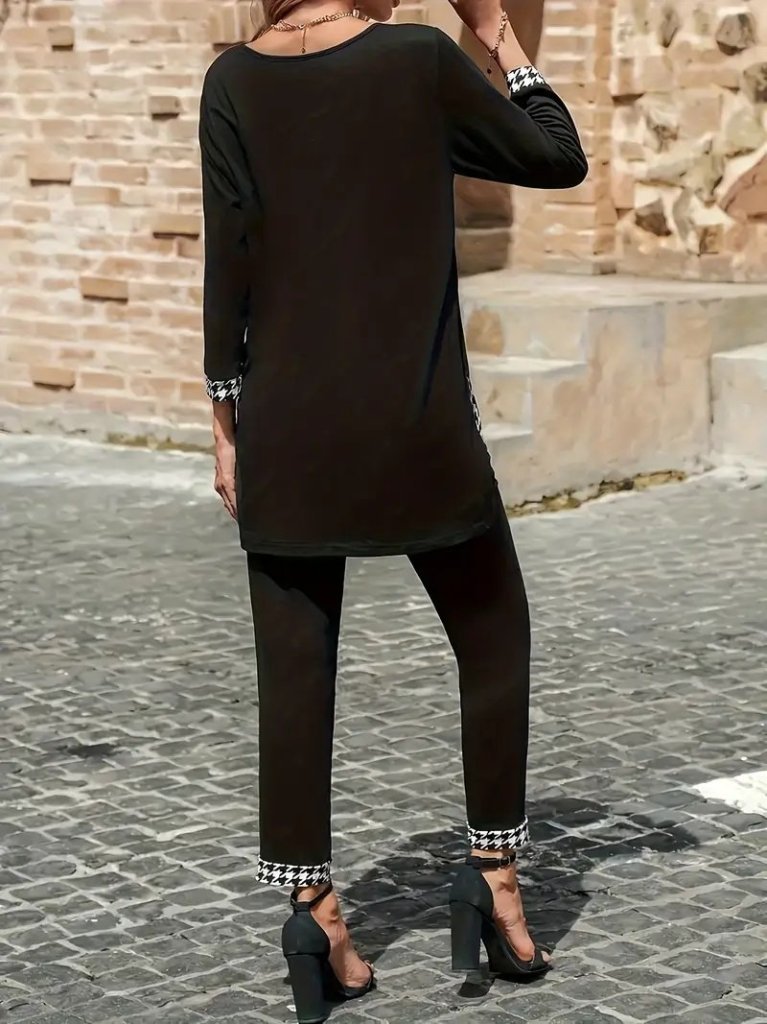 Kadın Uzun Kollu Yuvarlak Yakalı Kaz Ayağı Detaylı Viskon Iki Iplik Bluz Ve Pantolon Ikili Takım - Görsel 3