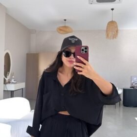 Kadın Flamlı Keten Tek Cep Oversızed Gömlek