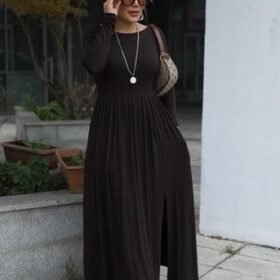 Kadın Kayık Yaka Sırt Dekoltesi Ve Yırtmaç Detay Maxi Boy Elbise