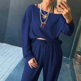 Kadın Uzun Kollu Tek Omuzdan Açık Viskon Iki Iplik Bluz Ve Pantolon Ikili Takım