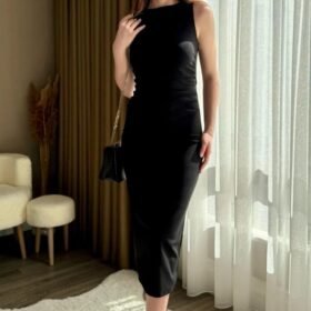 Kadın Sıfır Kol Sıfır Yaka Drape Detaylı Midi Janjan Krep Elbise