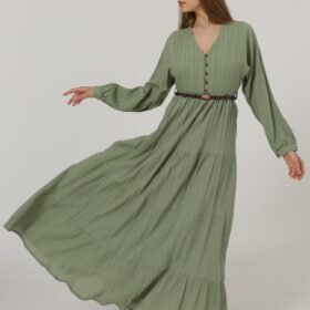 Önü Yarım Düğmeli Uzun Kol Kemerli Elbise - Haki