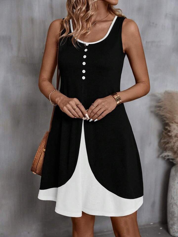 Kadın Askılı Yuvarlak Yaka önden Düğmeli çift Renkli Viskon Elbise - Görsel 4