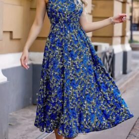 Kadın Omuzlardan Açık Daire Yaka Desenli Maxi Süprem Elbise